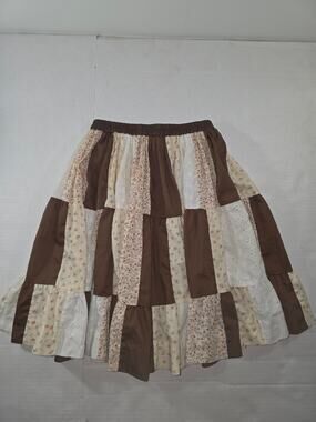 Vintage Eyelet Patchwork Square Dance Prairie Skirt Brown Cream - RN 69628